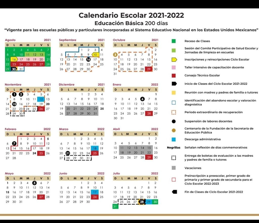 Calendario del ciclo escolar 2021-2022