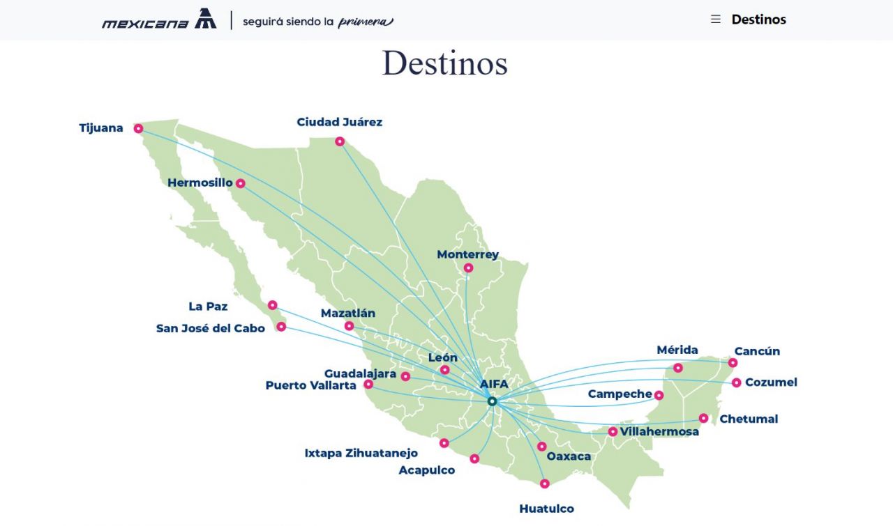 Mapa de vuelos de Mexicana de Aviación. Foto: mexicana.gob.mx