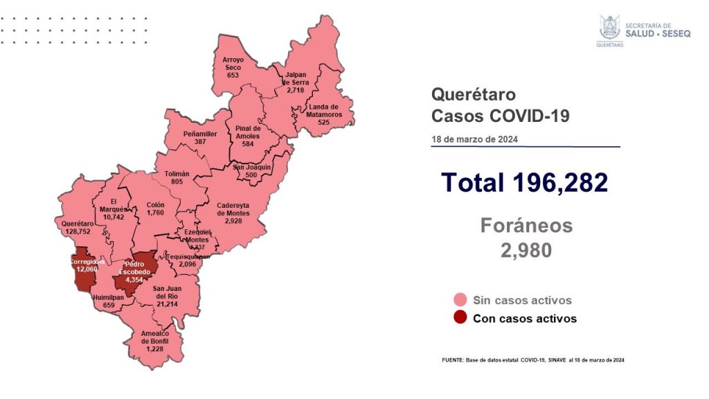 Mapa de casos de Covid-19 en Querétaro al mes de marzo de 2024.